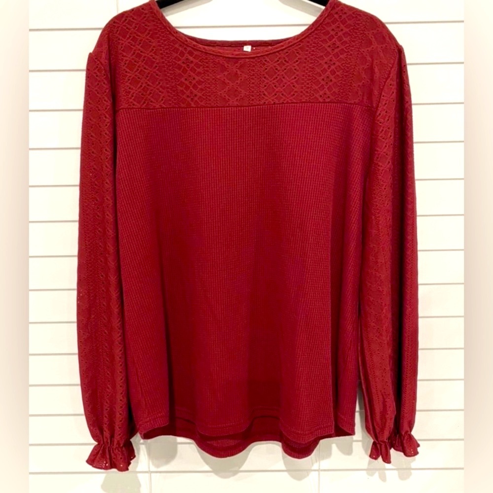 Burgundy Long Sleeve Pullover Waffle Eyelet Ruffle Blouse Top Shirt Plus XXL 2X